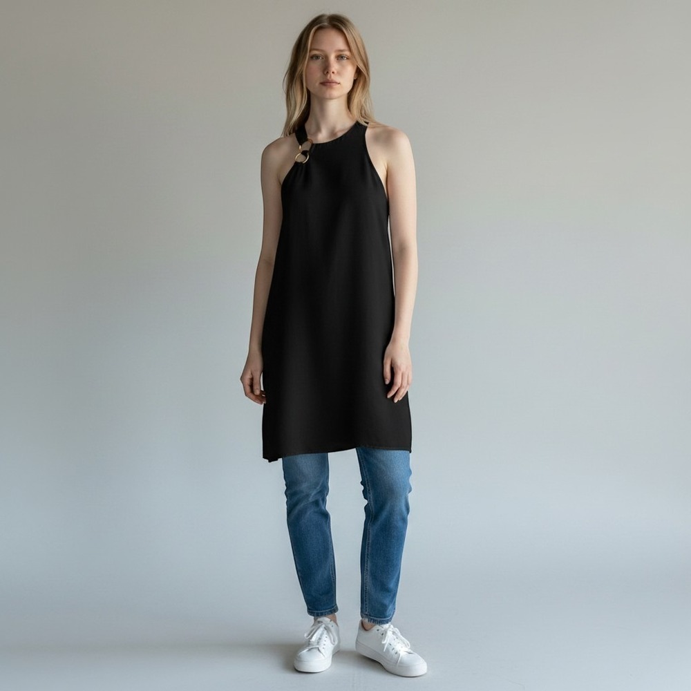 Future Collective Halter Sheath Dress Sz 6 Black Gold Abstract Ring Linen Blend - Picture 2 of 9